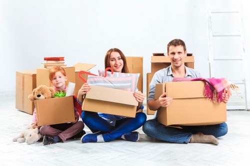 Packed boxes and household items prepared for removals in Hackney Marshes