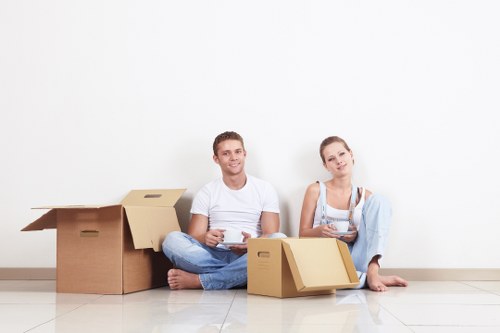 Packed boxes and furniture ready for transport in East London
