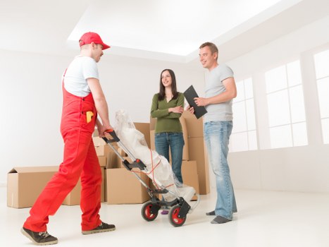 Packed office furniture and equipment ready for transport