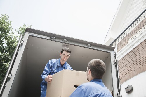 Moving van beside residential flats near Hackney Marshes