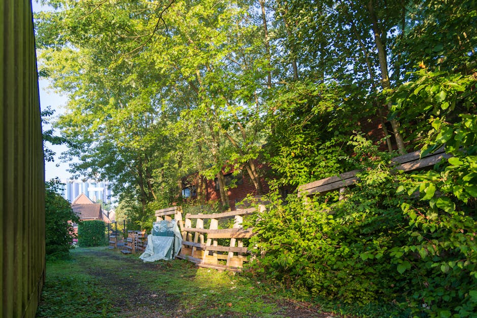 An outdoor scene showing a narrow residential alleyway bordered by a tall wooden fence on the left and a hedge with dense green foliage on the right. In the middle ground, several wooden pallets are stacked against the hedge, with some covered by plastic sheets or blankets, suggesting packing or protective covering materials. The ground is a mix of grass and dirt, with a few scattered objects indicating ongoing or recent packing activities. The background features a red brick building partially visible behind trees, with some residential rooftops and distant high-rise buildings under a bright, clear sky. The scene appears to be part of a home relocation or furniture transport process, with a focus on the outdoor storage or staging area connected to house removals services, as offered by Man with Van Hackney Marshes.